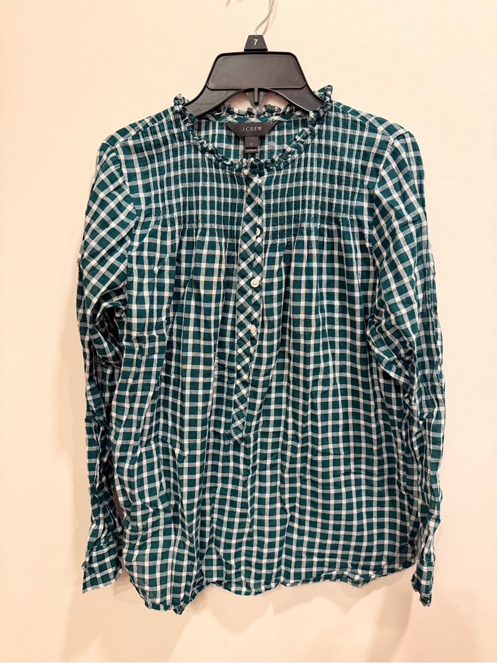 J. Crew Teal and White Plaid Ruffle-Neck Buttoned Blouse